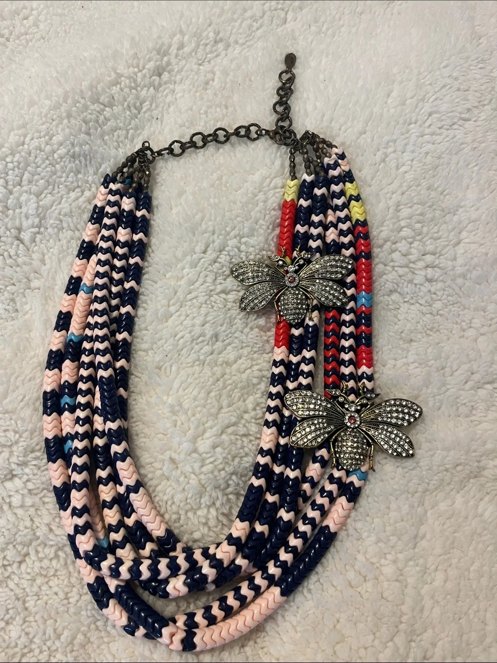Multi-Strand Navy & Pink Beaded Necklace with Crystal Dragonfly Accents